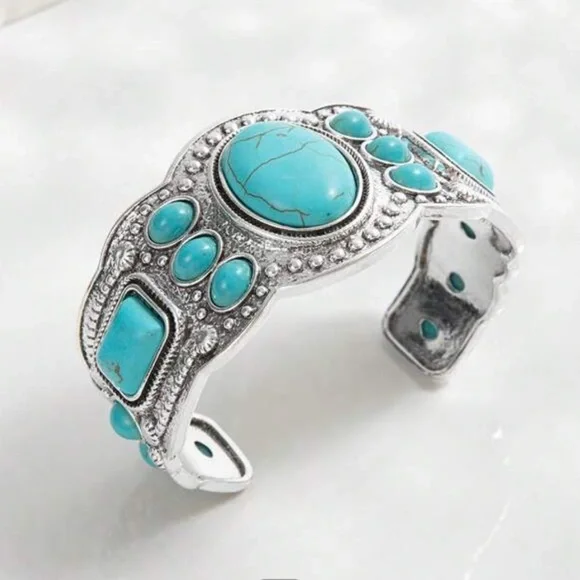 1 Pc Vintage Style Bohemian Natural Turquoise Open Bracelet - Picture 3 of 5